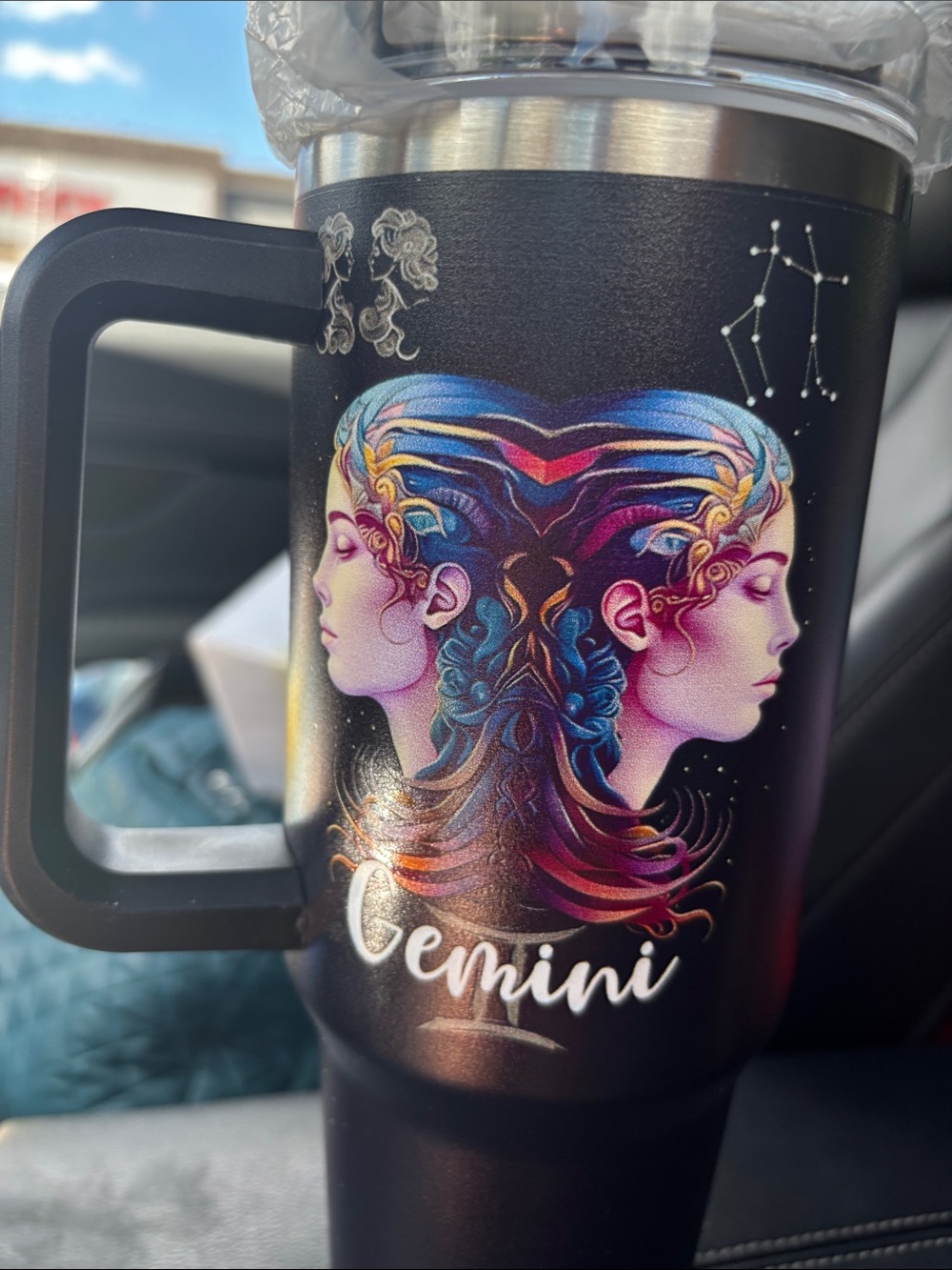 Gemini Stainless Steel Black Travel Mug with Colorful Zodiac Art